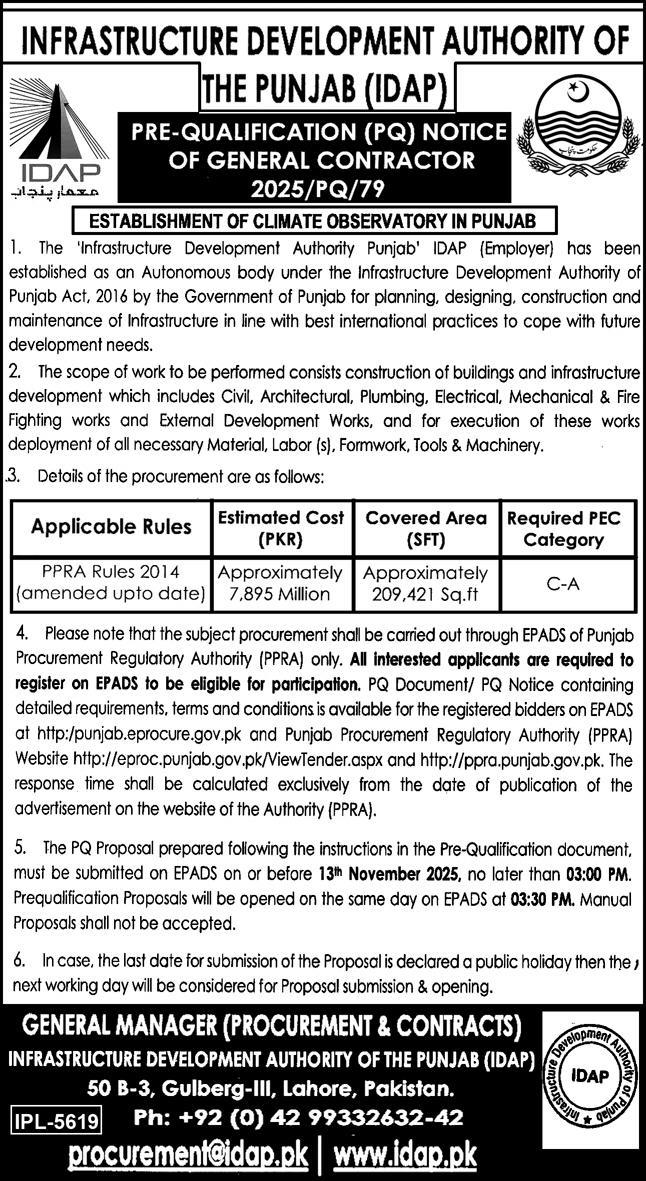 Infrastruture Development Authority Lahore Tender Notice